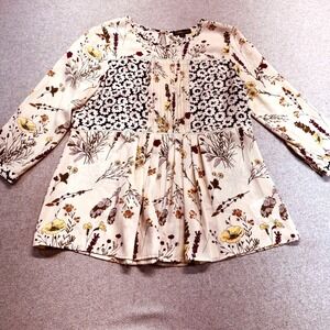 Dalia Floral Peasant Top Womens M Cream Boho Cottagecore Babydoll Blouse Flowy